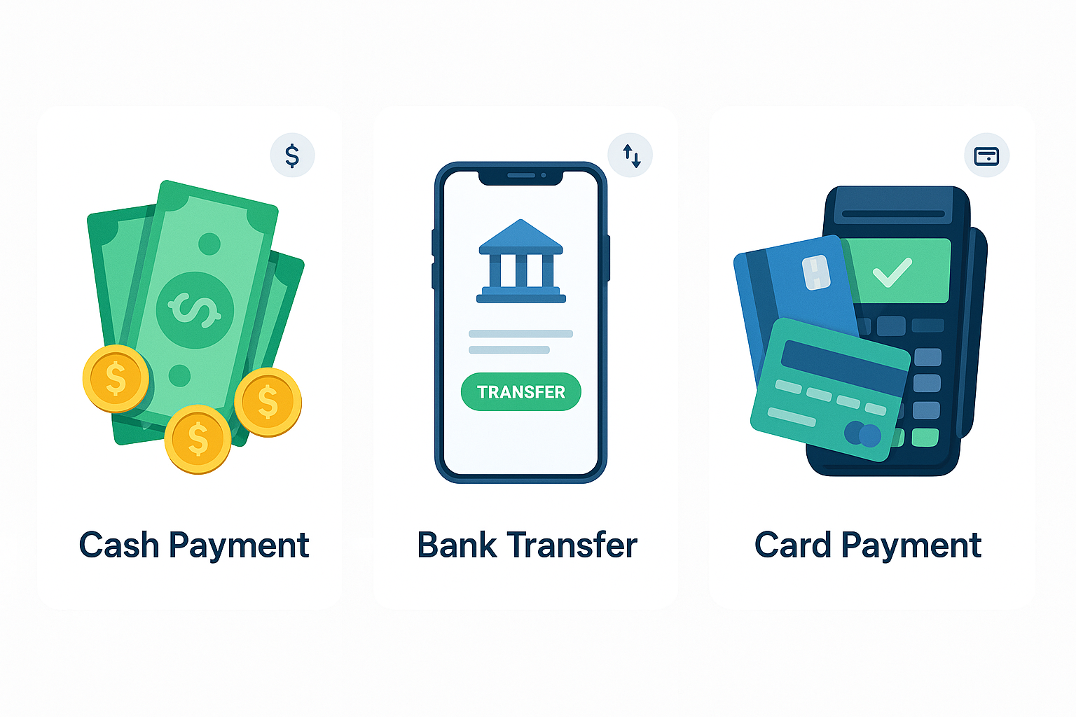 opciones de pago efectivo, transferencia y con tarjeta